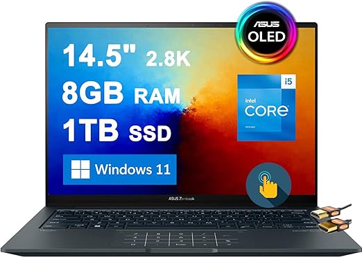 Zenbook 14X OLED Business Laptop 14.5" 2.8K 120Hz Touchscreen 550nits 100% DCI-P3 Glossy 13th Gen Intel 12-core i5-13500H &gt;i7-12700H 8GB RAM 1TB SSD Backlit Thunderbolt Win11 Gray + HDMI Cable