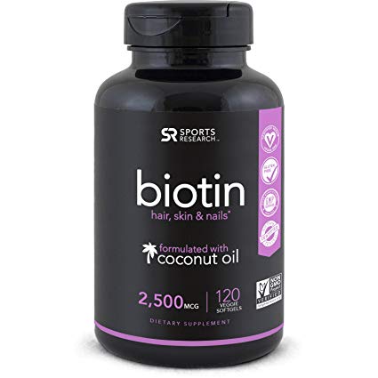 Biotin (High Potency) with Organic Coconut Oil; Supports Hair Growth, Glowing Skin and Strong Nails; 120 Mini-Veggie Softgels; Made in USA. (2500mcg)