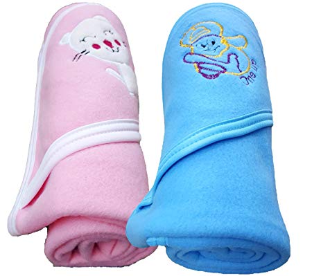 BRANDONN Baby Fleece Hooded Blanket (Pink And Blue, 0-12 Months) - Pack of 2