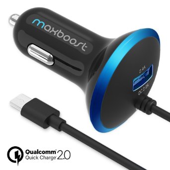 Quick Charge 2.0 Car Charger, Maxboost 30W Dual Output USB -Smart 5V/2.4A  QC 2.0 12V/9V/5V MicroUSB Cable for Samsung Galaxy S7/S6/Edge/Edge Plus/Note 6 5,HTC One,LG, Nexus 5 6 4 7, iPhone 6S/6S Plus