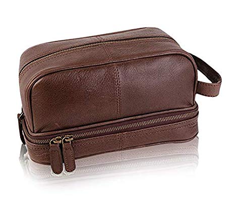 Classic Top Grain Leather Toiletry Bag and Dopp Kit - Men's Travel and Shave Kit with LokSak Waterproof Bag (Buffalo Leather, Dark Brown)