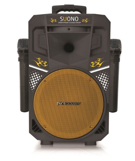 Pure Acoustics Wireless Portable Bluetooth PA Audio Speaker with 2 Wireless Microphones FM Radio Party Karaoke Machine Sound System MCP-75 Suono Smartphone Soundstream Yellow & Black