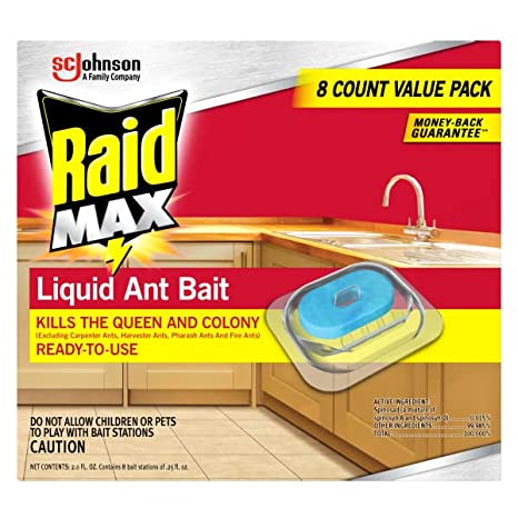 Raid Max Liquid Ant Bait; Kills Ants where they breed, 8 Bait Stations