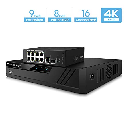 Amcrest 4K 16-Channel PoE NVR w/Gigabit Uplink 9-Port POE  Ethernet Switch, Metal Housing, 8-Ports POE  (Plus) 802.3at 96w, Hard Drive Not Included (Supports up to 6TB) (NV4116E-HS-AGPS9E8P-AT-96)