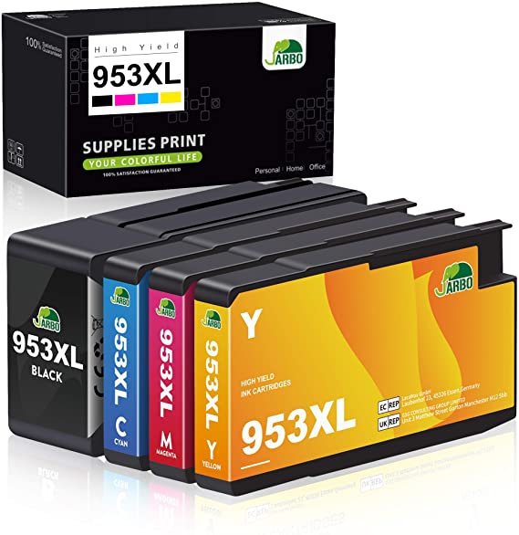 JARBO 953XL Multipack Ink Cartridges Replacement for HP 953 Cartridges Work for HP Officejet Pro 7740 8710 8715 8720 8725 8210 7720 7730 8718 8218 8728 8730 8740 1 Black/1 Cyan/1 Magenta/1 Yellow