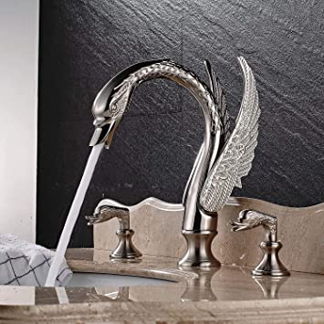 Rozin Brushed Nickel Swan Shape Widespread 3pcs Bathroom Sink Faucet 2 Handles Vanity Basin Mixer Tap