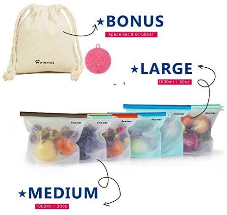 Reusable Silicone Food Storage Bags -2xLarge 1500ml, 4xMedium 1000ml, Food Bag Reusable Sandwich Bags,   Leakproof, Dishwasher Safe, Microwave Freezer, Maintain Freshness and Food Quality