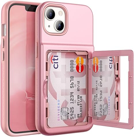 WeLoveCase for iPhone 13 / iPhone 14 Wallet Case with Credit Card Holder & Hidden Mirror, Two Layer Shockproof Heavy Duty Protection Cover Protective Case for iPhone 13/14 6.1 Inch-Rose Gold