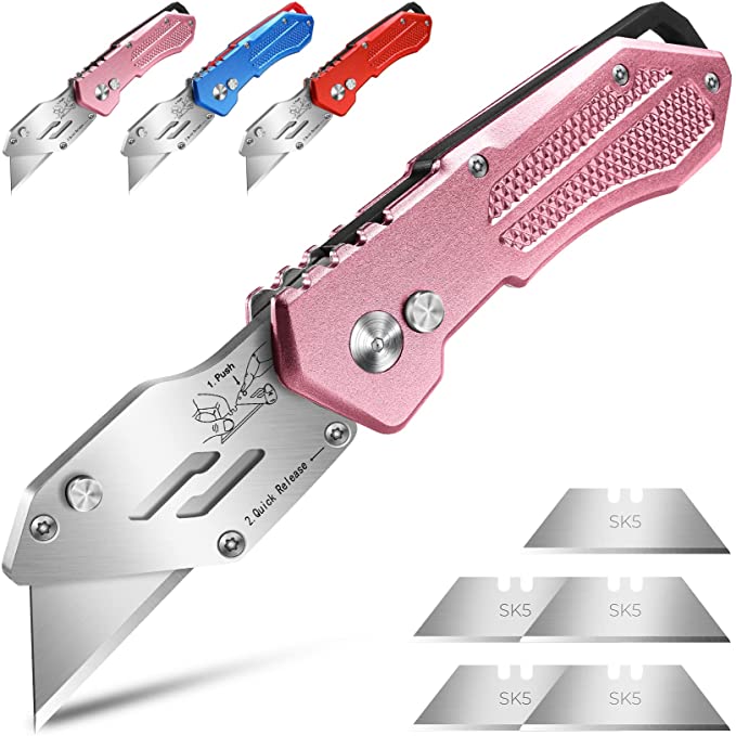 Pink Box Cutter Folding Utility Knife Heavy Duty Lockback Design Aluminum Body Box Cutters Carpet Knife with 5PCS Utility Knife Blades (Pink)