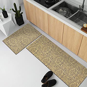 MAYSHINE 2pc Natural Rubber Backing Kitchen Rugs Set Doormat Runner Comfort Mat - Beige 44 x 70 cm   44 x 140 cm