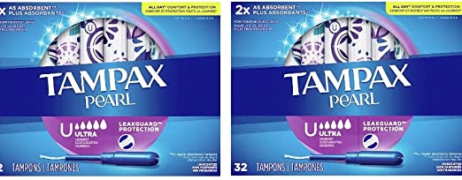 Tampax Pearl ULTRA Absorbency Plastic Tampons, 64 Count, Unscented (32 Count, Pack of 2 - 64 Count Total) - Packaging May Vary