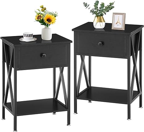 VECELO Nightstands,Set of 2 Side Night Stand Storage Shelf Bedroom,Living Room,Black, End Table with Drawer