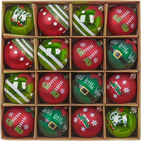 Valery Madelyn 16ct 80mm Delightful Elf Red Green White Christmas Ball Ornaments Decor, Shatterproof Christmas Tree Ornaments for Xmas Decoration