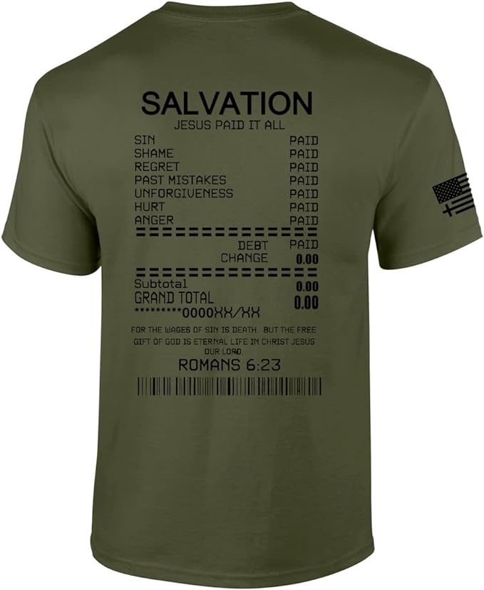 Salvation Jesus Paid It All Receipt Romans 6:23 Bible Scripture Mens Christian Tshirt Cross Short Sleeve T-Shirt Graphic Tee
