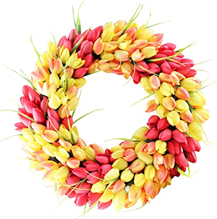 YIIA Tulip Wreath 20 Inch for Front Door Summer Fall Large Wreaths Springtime All Year Around for Outdoor Door Indoor Wall Or Window Décor Festival Decoration, Clear