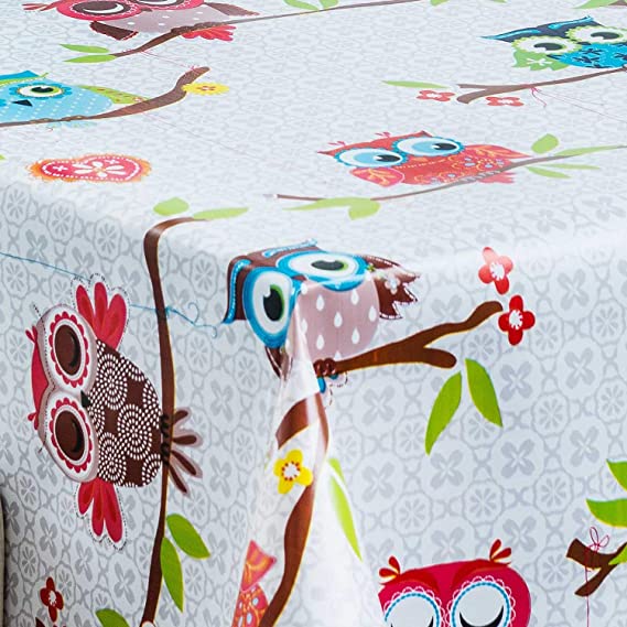 HOME-EXPRESSIONS Modern Owls On Tree Pvc Wipe Clean Vinyl Table Cloth/Protector Textile Backing,White Ground with Brown Branches and Multi Coloured Owls (100cm x 140cm Rectangle)