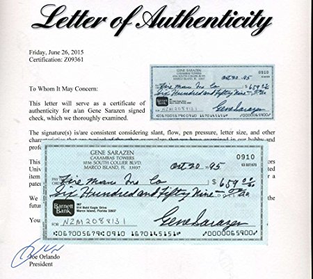 GENE SARAZEN SIGNED PSA/DNA CERTIFIED PERSONAL CHECK AUTHENTICATED AUTOGRAPH