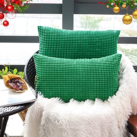 Set of 2,Decorative Lumbar Throw Pillow Covers 12"x20" (No Insert),Solid Cozy Corduroy Corn Accent Bloster Pillow Case Shams,Soft Rectangle Cushion Covers w/Zipper for Couch/Sofa/Bed,Emerald Green