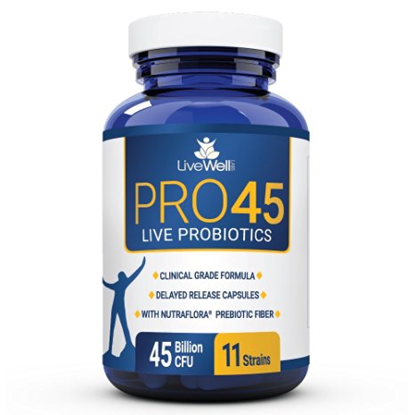 PRO45: #1 CLINICAL GRADE Probiotic Formula, 45 billion CFU, 11 patented strains. Dairy Free. Delayed release veggie caps. Promotes immune and digestive health. 100% Money back guarantee. 30 Day Supply