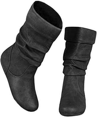 Ermonn Womens Mid Calf Riding Boots Slouchy Winter Flat Wide Calf Boots Slip On Dress Work Shoes