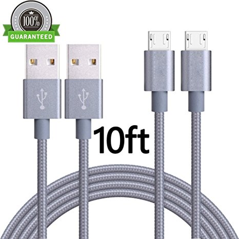 ONSON Micro USB Cable,2Pack 10FT Extra Long Nylon Braided High Speed 2.0 USB to Micro USB Charging Cable Android Charger Cord for Samsung Galaxy S7/S6/S5,Note 5/4/3,HTC,LG,Android Devices(Gray)