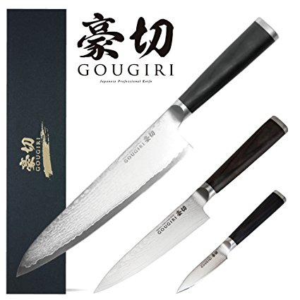 GOUGIRI Classic Knife Set, 3-Piece; 8-Inch Gyuto Japanese Chefs Knife, 5-Inch Utility Knife, 3-Inch Paring Knife Japanese Damascus Steel with 33 Layers Damascus Blade, Premium Packaging