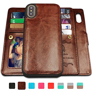 iPhone X Case,iPhone X Wallet Cases with Magnetic Detachable Case,9 Card Slots,Wrist Strap, CASEOWL 2 in 1 Folio Flip Premium PU Leather Wallet Case for iPhone X/10 5.8 inch 2017(Brown)