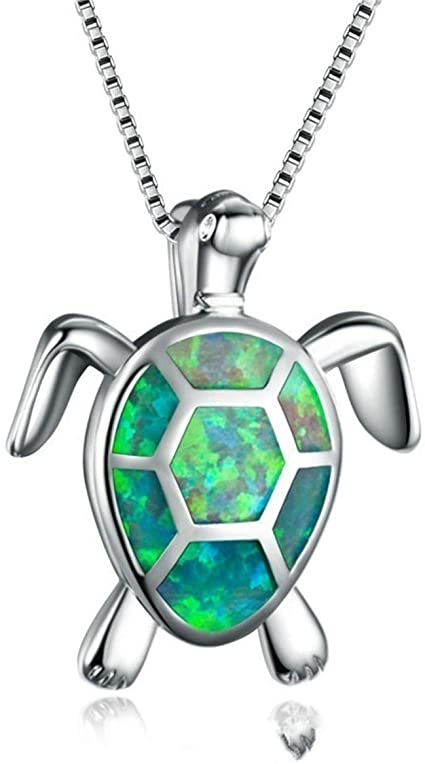 Beiswe Cute Turtle Pendant Necklace Lovely Animals White Fire Opal 925 Sterling Silver Necklace Jewellery Gifts (Green)