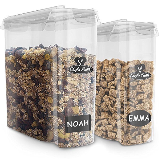 BEST CEREAL STORAGE CONTAINERS SET (2-pack) - 100% Airtight Dry Food Keepers, - w/ 8 FREE Chalkboard Labels - Great for Flour, Sugar, Rice, Grain & Much More - BPA Free Dispenser - 16.9 Cup 135.2oz