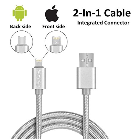 Fantany Integrated Connector 2-In-1 iPhone Lightning   Android Micro USB Universal Charger Cable Braided Fast Adapter Cord, Front Side for iPhone iPad Back Samsung HTC LG Moto Huawei 3.3 ft Silver Lm1