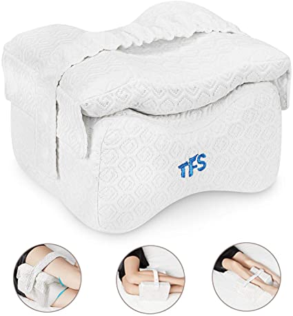 TFS Knee Pillows for Side Sleepers - Memory Foam Wedge Orthopedic Leg Pillow for Sleeping - Pregnancy Support Cushion Pillow with Strap - Foot, Lower Back, Hip, Joint, Sciatica Pain Relief