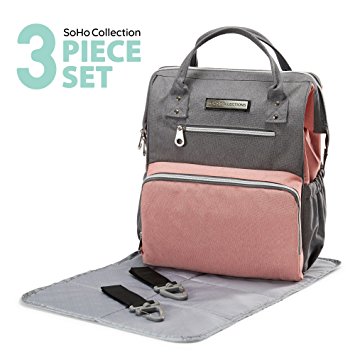 SoHo diaper bag backpack Wide Opening 3 pcs nappy tote bag for baby mom dad stylish insulated unisex multifuncation large capacity waterproof durable includes changing pad stroller straps Pink Gray