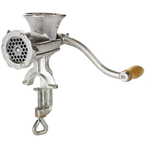 Home-X Cast Iron Manual Meat Mincer, Perfectly Grind Meat Every time, Silver and Wood