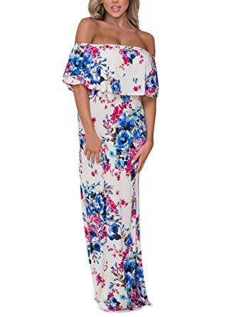 MIDOSOO Womens Side Slit Off Shoulder Ruffled Long Printed Foral Maxi Dress with Pockets