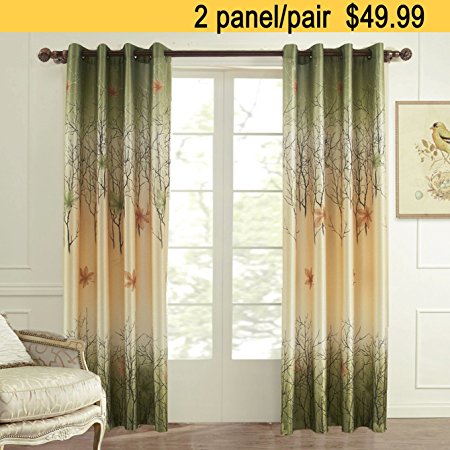Curtains Drapes 2 Panel All Sizes - KoTing Green Maple Tree Lined Window Curtains Grommet Top 2 Piece Custom Made Drapes 84 inch Long 42 84