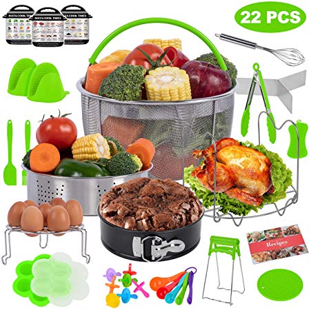 PentaQ 22 Pieces Instant Pot Accessories for 5/6/8 Quart, Pressure Cooker Accessories Set Green - 2 Steamer Baskets, Egg Bites Mold, 7 Inch Springform Pan, Egg Rack, Magnetic Cheat Sheets