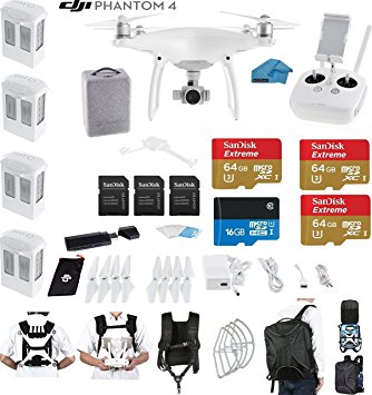 DJI Phantom 4 Quadcopter Drone with 4K Video EVERYTHING YOU NEED KIT   4 Total DJI Batteries   3 SanDisk 64GB Micro SDXC Cards   Strap Carry System   Card Reader 3.0   Snap on Guards(With Backpack)