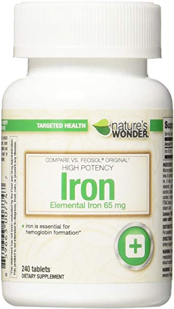 Nature's Wonder Iron (Ferrous Sulfate) 65mg Supplement, 240 Count