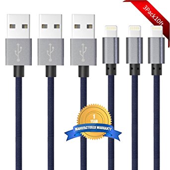 BULESK iPhone Cable 3Pack 10FT Nylon Braided Certified Lightning to USB iPhone Charger Cord for iPhone 7 Plus 6S 6 SE 5S 5C 5, iPad 2 3 4 Mini Air Pro, iPod - Blue
