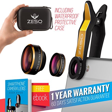 Cell Phone Camera Lens 3 In 1 Kit by Zeso | Professional Fisheye, Macro & Wide Angle Lenses | For iPhone, Samsung Galaxy, Android, iPads, Tablets | Universal Phone Clip & Hard Storage Case | 4 Colors