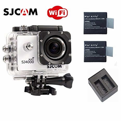 SJCAM Original SJ4000 WiFi Version Full HD 1080P 12MP Diving Bicycle Action Camera 30m Waterproof Car DVR Sports DV with Waterproof Case (White)  Free Extra 2 Mini Kitty Batteries  Free Dual Charger