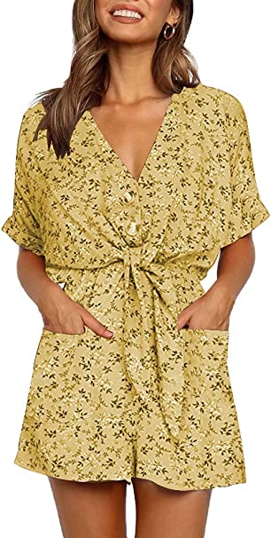 Ivay Womens V Neck Button Rompers Knot Tie Short Sleeve Sexy Loose Playsuit Jumpsuit with Pockets