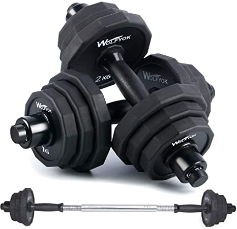 wolfyok 44Lbs Dumbbells Set, Adjustable Weights Solid Steel Dumbbells Pair for Adults Home Fitness Equipment Gym Workout Strength Training with Connecting Rod Used as Barbell