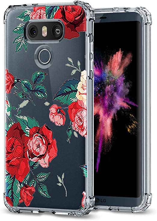 LG G6 Case,LG G6 Case with Flower,LUOLNH Slim Shockproof Clear Floral Pattern Soft Flexible TPU Back Cover for LG G6 (Red)