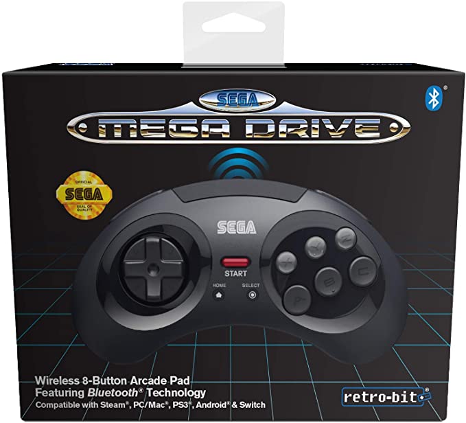 Retro-Bit Official SEGA Mega Drive Wireless Bluetooth Controller 8-Button Arcade Pad for PC, Switch, Mac, Steam, RetroPie, Raspberry Pi - Black