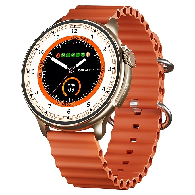 CrossBeats Aura Round 1.46" Super AMOLED Smart Watch, Always On, Advanced AI ENC Bluetooth Calling, in-Built Games, Fast Charge, Rotating Crown, 123  Sports Modes, 454 × 454 Pixel (Gold,Orange)