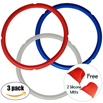Sealing Rings for 5 or 6 Quart Instant Pot Models- Color Coded Sweet and Savory Rings - No More Beef Smell in your cake! FREE Silicone Oven Mitts Included - BPA Free 3 Pack Will Not Let Steam Escape!