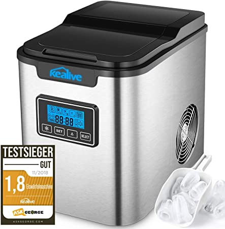 Ice Maker Kealive, Stainless Steel Ice Maker Machine Counter Top Home, Ice Cubes Ready in 6 Mins, 26lbs Ice per 24 Hrs, Self-Clean Function, LCD Display, Ice Scoop & Basket