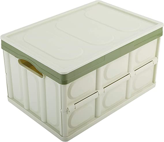 MoKo 30L Collapsible Storage Bins, Durable Plastic Folding Utility Crates Stackable Storage Container Storage Box with Attached Lid for Toys, Books and Files - Light Green