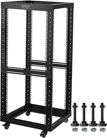 RIVECO 25U Open Frame Server Rack with Wheels- Heavy Duty 4 Post Quick Assembly 19-inch Support 600KG Equipment Thick Cold Rolled Steel Cabinet Black